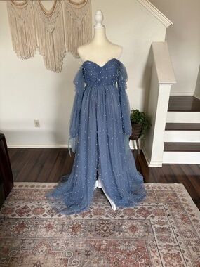 Maternity Blue Off-Shoulder Tulle Dress with Pearl Accents